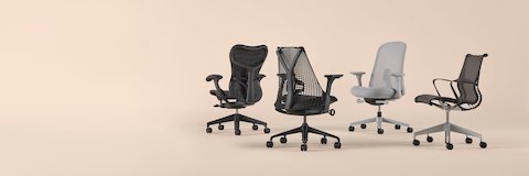 Mirra 2, Sayl, Lino and Setu chairs arranged together on the right side.