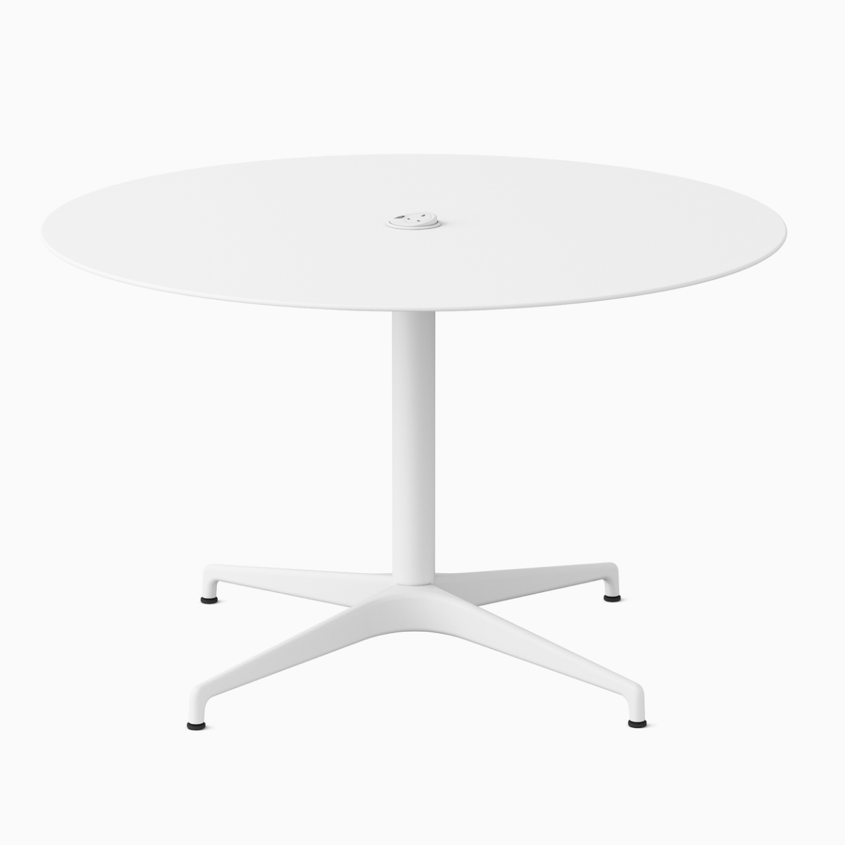 A round white Civic Table at work height with a centrally placed power solution.