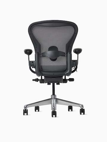 Rear view of an Aeron ESD Chair in size B, with a granite frame and suspension and a polished base.