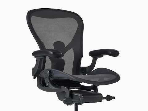 Front-angle view of an Aeron ESD Chair in size B, with a granite frame and suspension and a polished base.