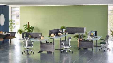 Sayl office chairs complement a zigzag configuration of four height-adjustable Atlas Office Landscape desks with blue tops.