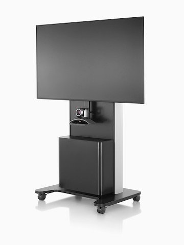 Front view of a black AV/VC One technology cart with a webcam and large digital display.