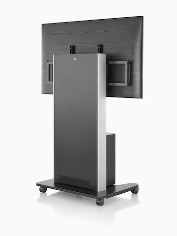 Back view of a black AV/VC One cart with a large digital display mounted to the front.