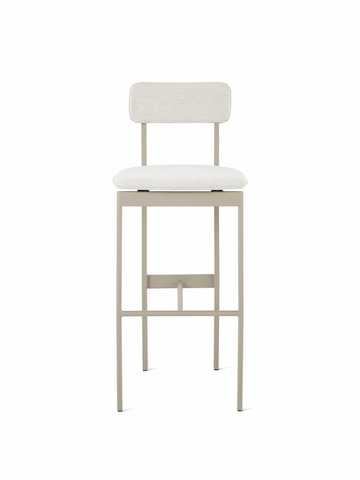 A bar height Betwixt Stool with fabric backrest and seat, with a grey frame.