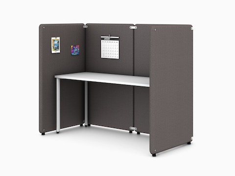 Four brown Bound Freestanding Screens in a booth configuration around a white OE1 Rectangular Table, viewed from an angle.