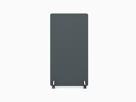 A dark grey Bound Mobile Screen with white base and black castors, viewed from the front.