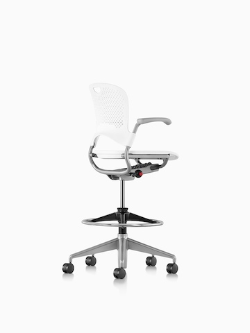 Three-quarter rear view of a white Caper Multipurpose Stool. 