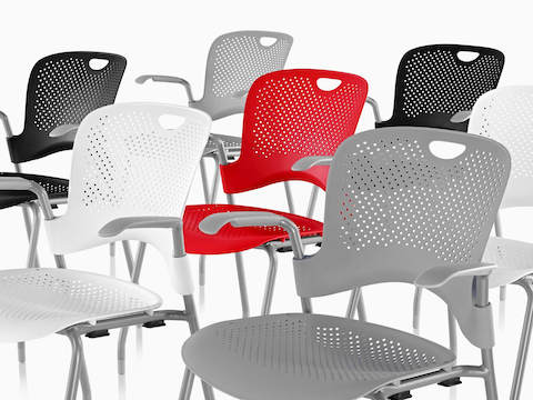 White, gray, black, and red Caper Stacking Chairs.