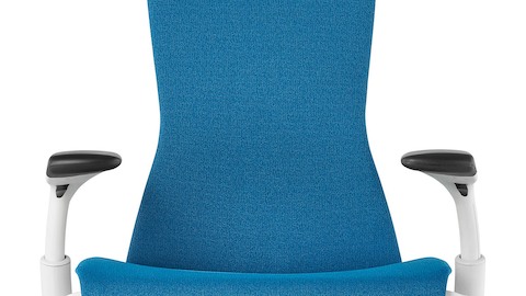 Front view of a blue Embody office chair, showing the seat, back, and adjustable arms.
