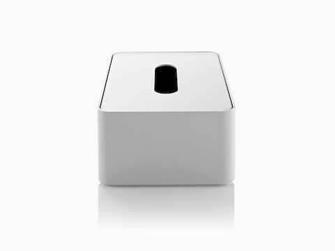 A white Formwork Tissue Box, viewed from the narrow side.
