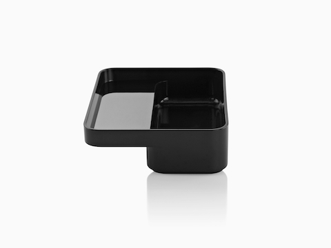 Profile view of the small version of a black Formwork Tray with a deep rear compartment and cantilevered front compartment.