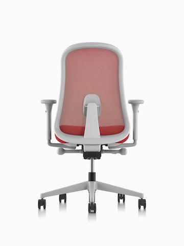 Red and grey Lino Chair with adjustable sacral lumbar support, viewed from the back.