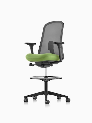 Black and green Lino Stool with adjustable sacral lumbar support, viewed from the front at an angle.