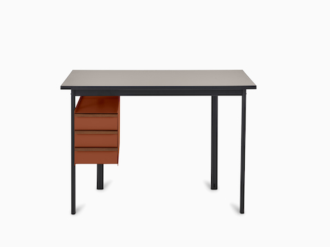 Mode desk in black with sandstone top and terracotta drawers.