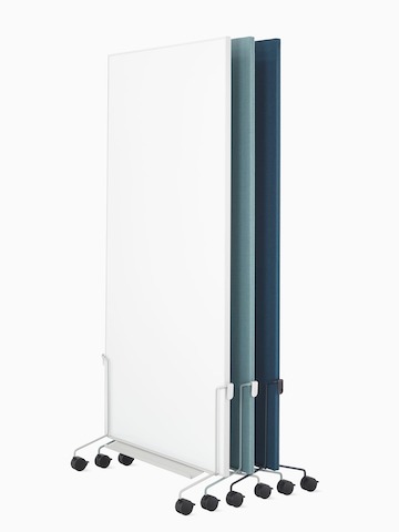 Grey, light blue and dark blue OE1 Mobile Easels with fabric and marker boards nesting together.