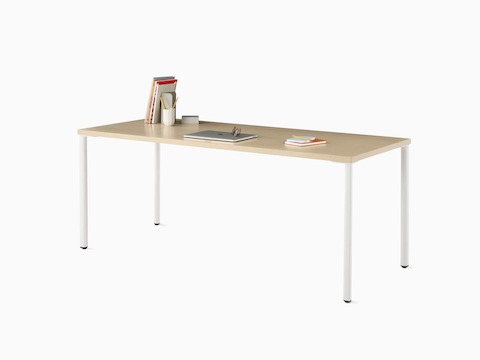 OE1 Rectangular Table with light brown surface and white legs.