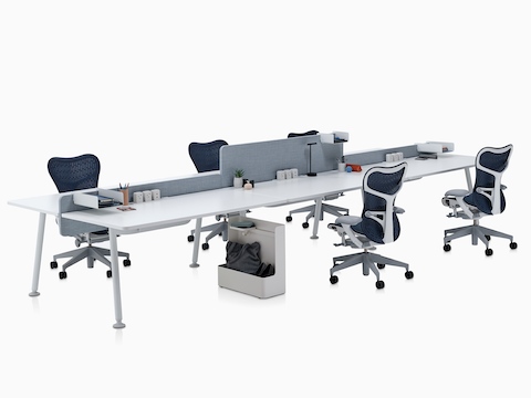 Blue Mirra 2 office chairs support a benching configuration that includes a Ubi Mobile Bag Catch for personal items.