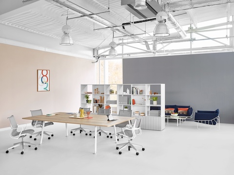 A Locale shelving unit divides a meeting space from a lounge area in an open workplace.
