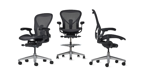 An Aeron ESD Chair in size B, Aeron ESD Stool in size C and Aeron ESD Chair in size C grouped together.