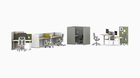 A wide assortment of Bound Screens in multiple applications and colours, with Cosm, Embody and Zeph chairs.