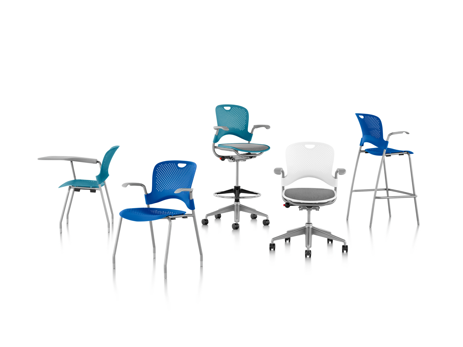 Caper seating family: multipurpose chair and stool, stacking chair and stool, and a stacking chair with tablet arm.