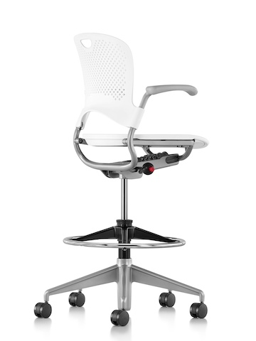 Three-quarter rear view of a white Caper Multipurpose Stool. 