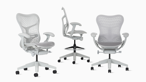 A Mirra 2 chair with a TriFlex back beside a Mirra 2 Stool and Mirra 2 Chair with a Butterfly back. All chairs are in alpine.