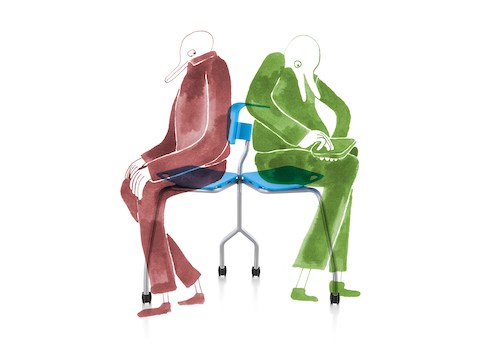 Invitation Chair by Alexander Bennett. The Invitation Chair shifts from a comfortable seat for one to a perch for two co-workers viewing a digital device. Relationship Focus: Digitally Mediated