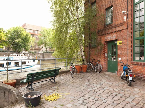The main entrance to Studio 7.5's workspace, which is set alongside the river Spree in the former western section of Berlin, Germany. Photo by Hello Design.