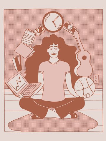 A pink illustration of a person with long hair sitting in a yoga position and juggling objects from work and life, including a laptop, a clock, a basketball and a guitar