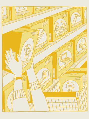 A yellow illustration of a person taking boxes of light bulbs off a shelf and putting them in a shopping trolley