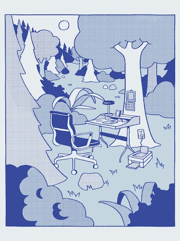 A blue illustration of an Eames Aluminium Group Chair with a Nelson swag leg desk in a forest