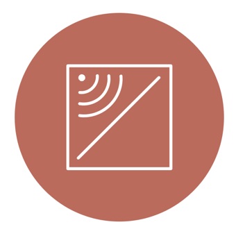 A small, brown circle with a white icon in the centre is an abstract representation of managing distractions, one of four key design considerations in an open office.