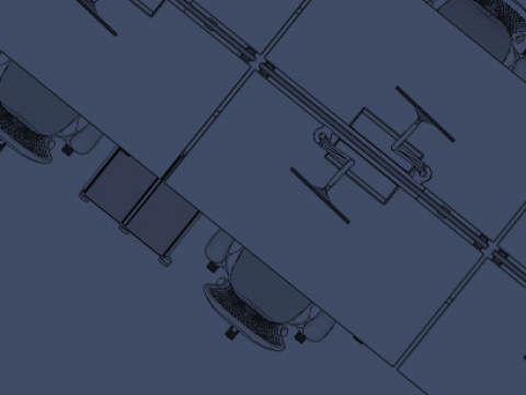 An overhead illustration of a Civic Table surrounded by Zeph Chairs and a series of Ratio benches with OE1 Trolleys surrounded by Mirra 2 Chairs overlayed with a blue colour wash.