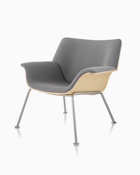 Gray Swoop lounge chair with an exposed wood shell, viewed from a 45-degree angle.