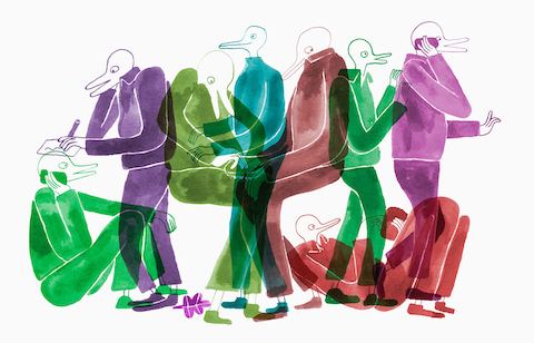 An illustration depicting eight people with the body of a human and the head of a bird.