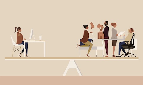 An illustration of a woman working alone while four colleagues interact nearby.