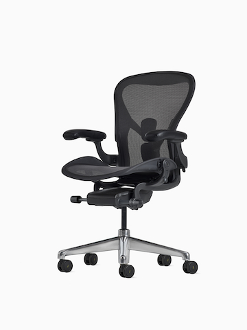 Front-angle view of an Aeron ESD Chair in size B, with a granite frame and suspension and a polished base.