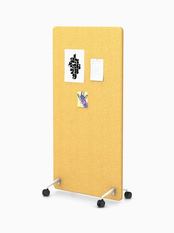 A yellow Bound Mobile Screen with tacked up papers viewed from an angle.