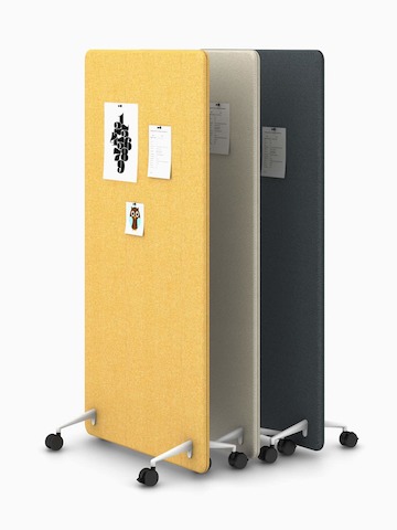 Yellow, light grey and dark grey Bound Mobile Screens nesting together.