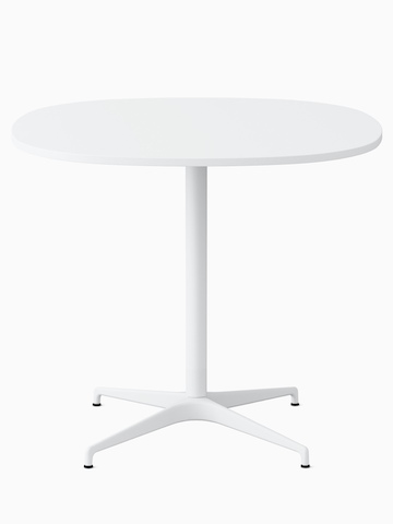 A soft square white Civic Table with a square edge at standing height. Select to go to the Civic Tables product page.