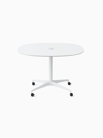 A soft square white Civic Table at work height with a centrally placed power solution.