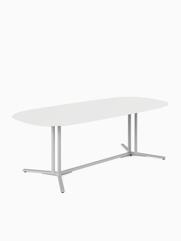 White oval Everywhere Table with grey legs.