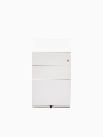 Front view of white Kumi pedestal with two box drawers and one file drawer.