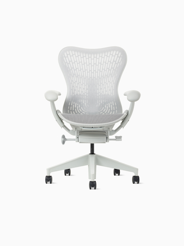 Front view of a Mirra 2 Chair with a Butterfly back in alpine and a silver alloy base.