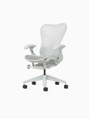 Front angle view of a Mirra 2 Chair with a Butterfly back in alpine and a silver alloy base.