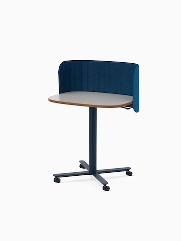 A large Passport Work Table with blue base, white surface with a plywood edge and a blue screen, shot at an angle.