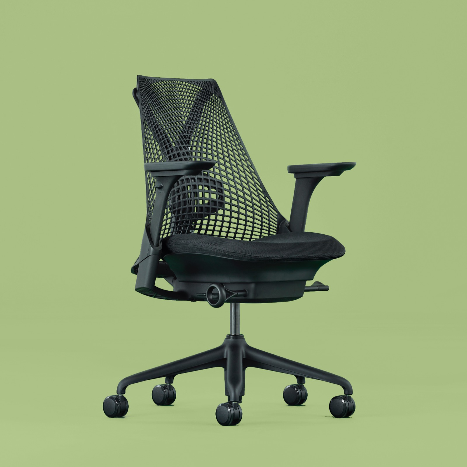 A full view of the Sayl Chair swiveled 45 degrees to the right.