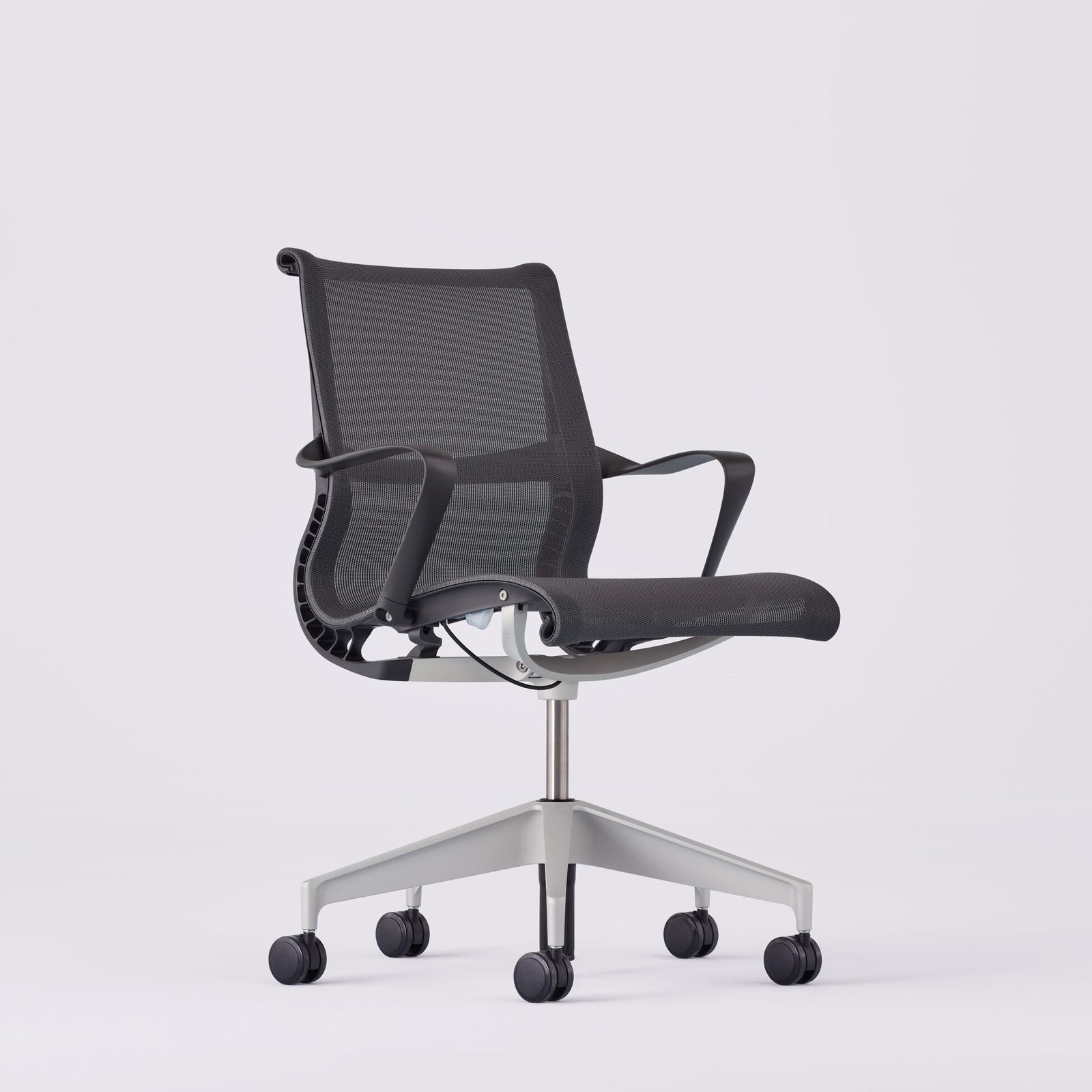 A full view of the Setu Chair swiveled 45 degrees to the right.