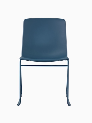 A peacock blue Pronta Stacking Chair with a chrome base and glides.